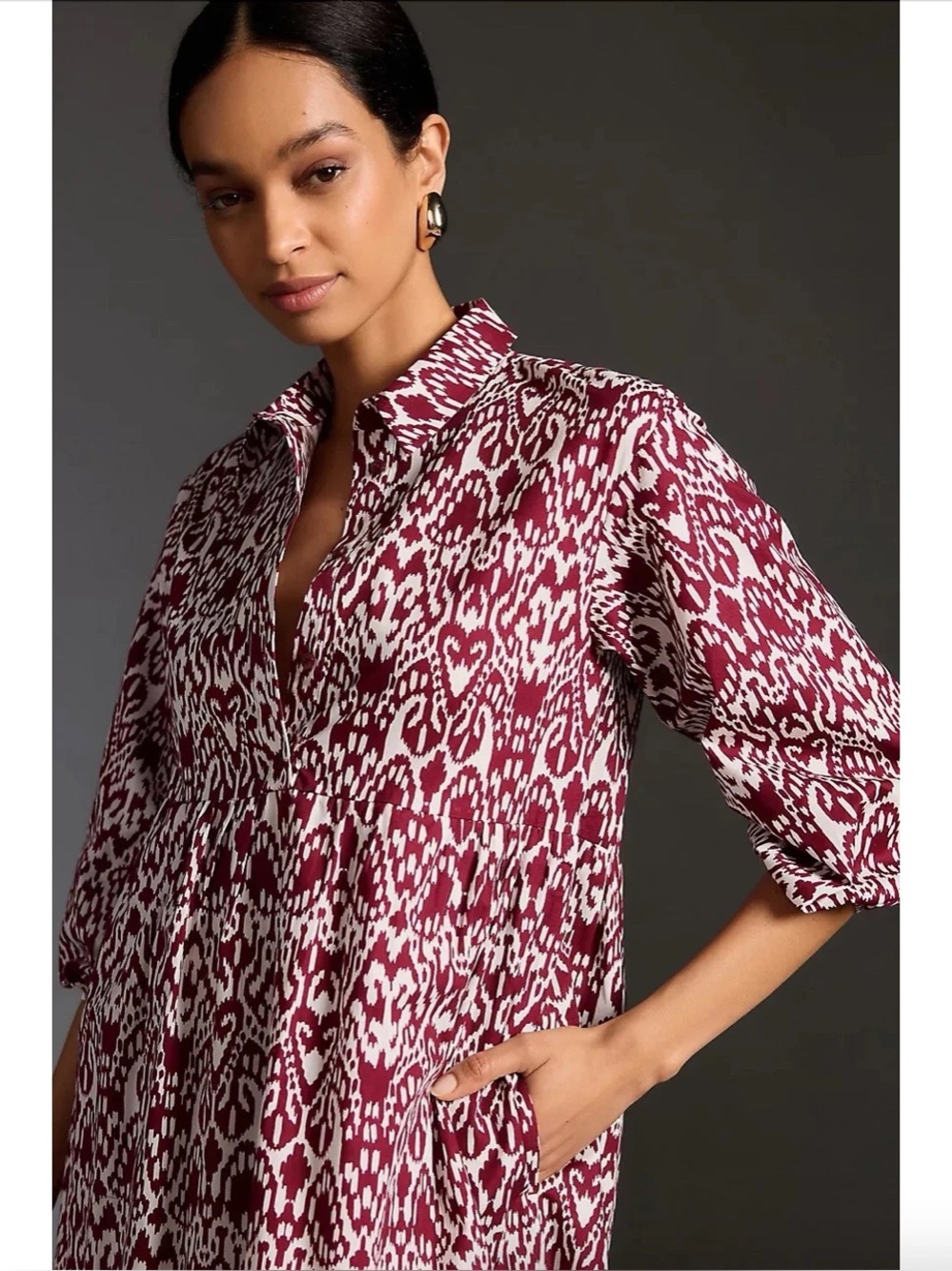Maeve • Anthropologie Bettina Tiered Shirt Dress maxi midi cotton Wine Ikat - Picture 6 of 14